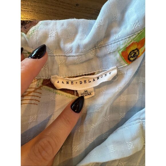 Anthropologie Jane & Delancey Light Blue Postage Print Button Up Top Medium - Picture 6 of 7